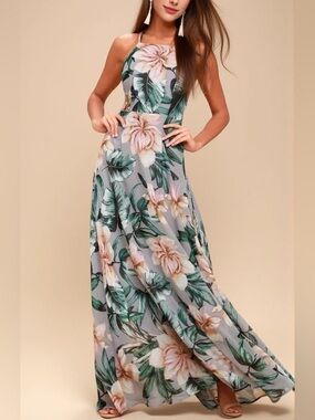 Nerlerolian Gray floral, lace up back maxi dress